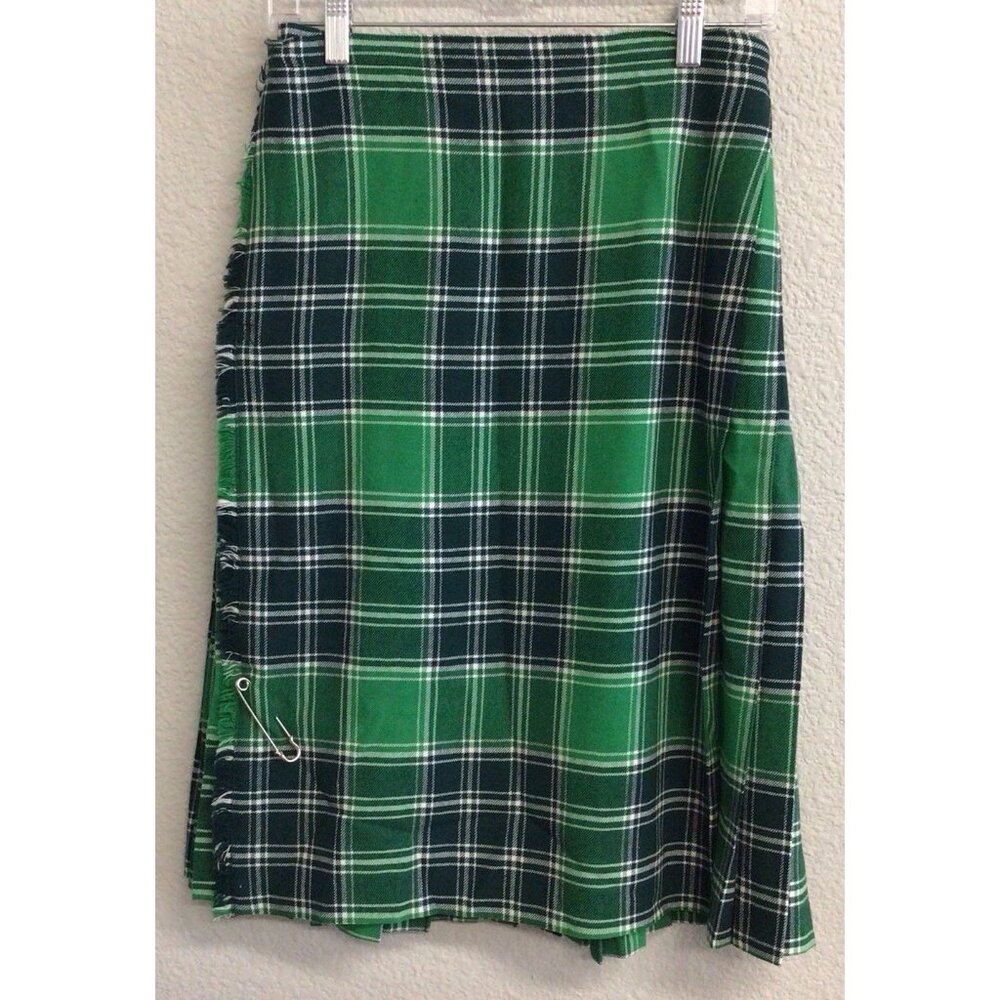 The Scotch House Scotland 100% Wool Green Pleated Tartan Plaid Kilt Size 28